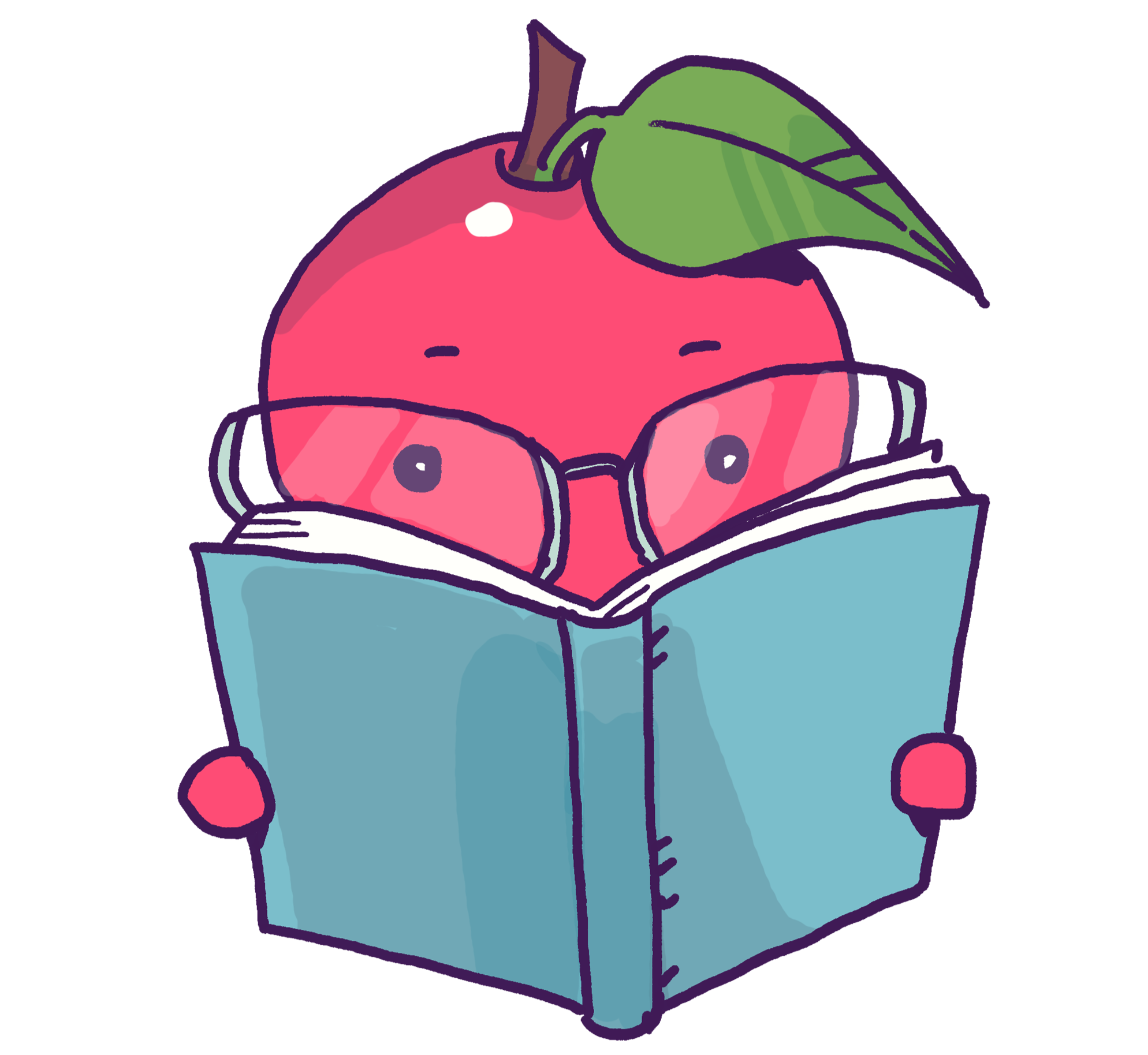A bespectacled apple reading a book